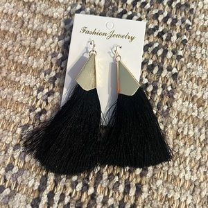 Black Fringe Earrings with GoldTone Accents